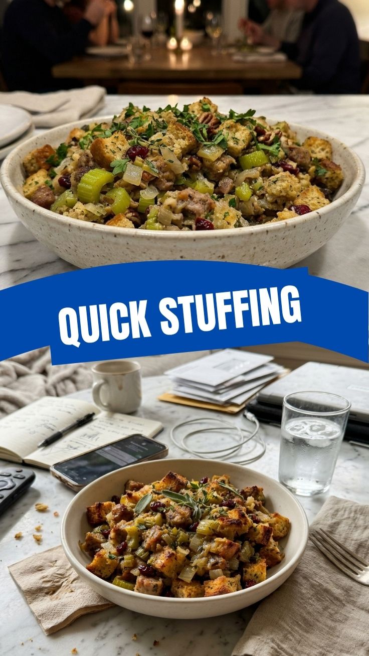 A bowl of savory, golden-brown stuffing, rich with herbs and spices.