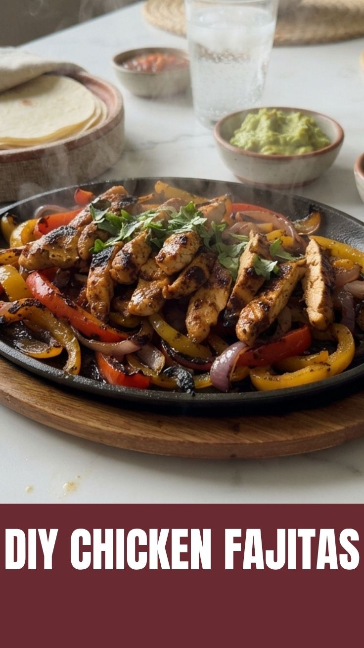 Platter of sizzling chicken fajitas with peppers and onions