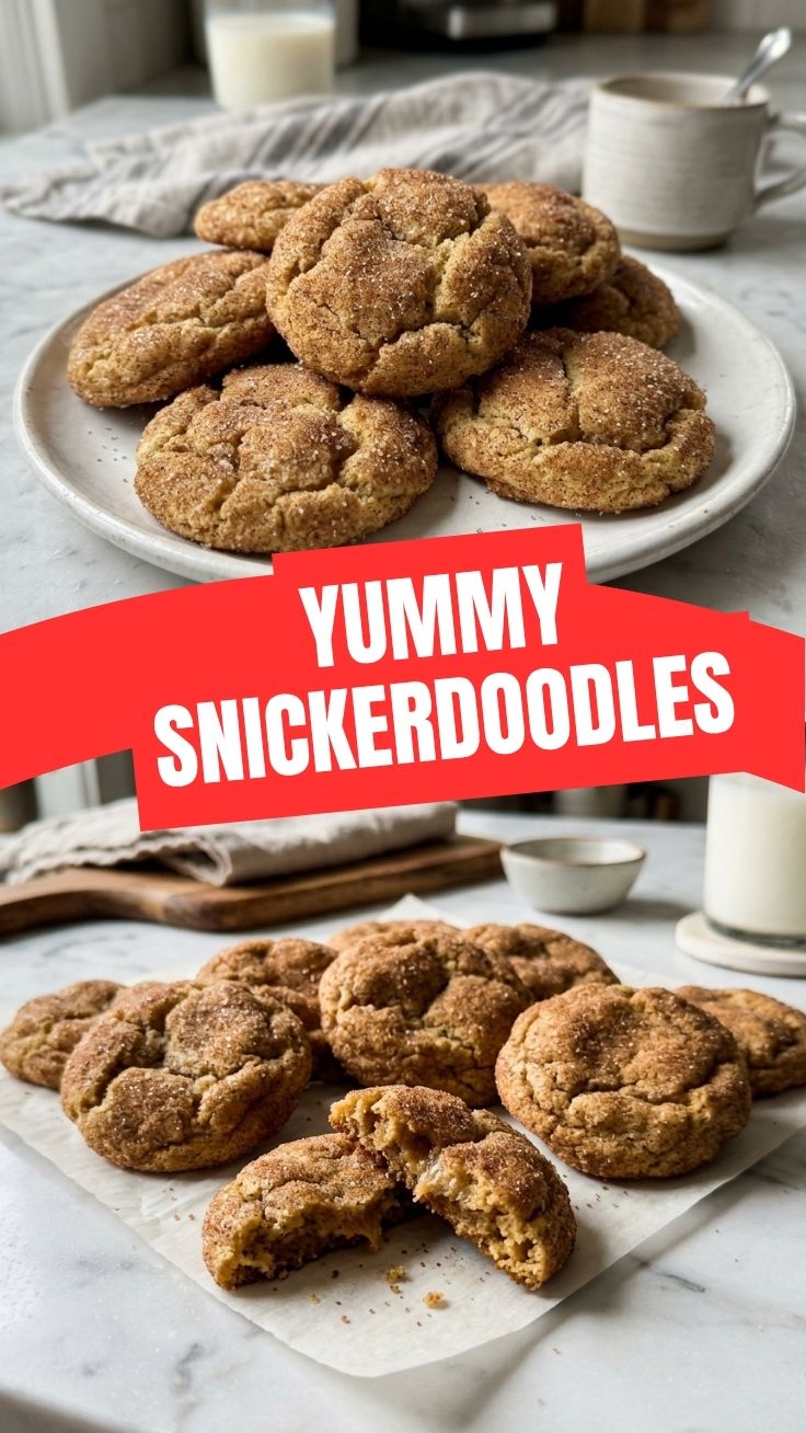 A plate of freshly baked Snickerdoodles dusted with cinnamon sugar.