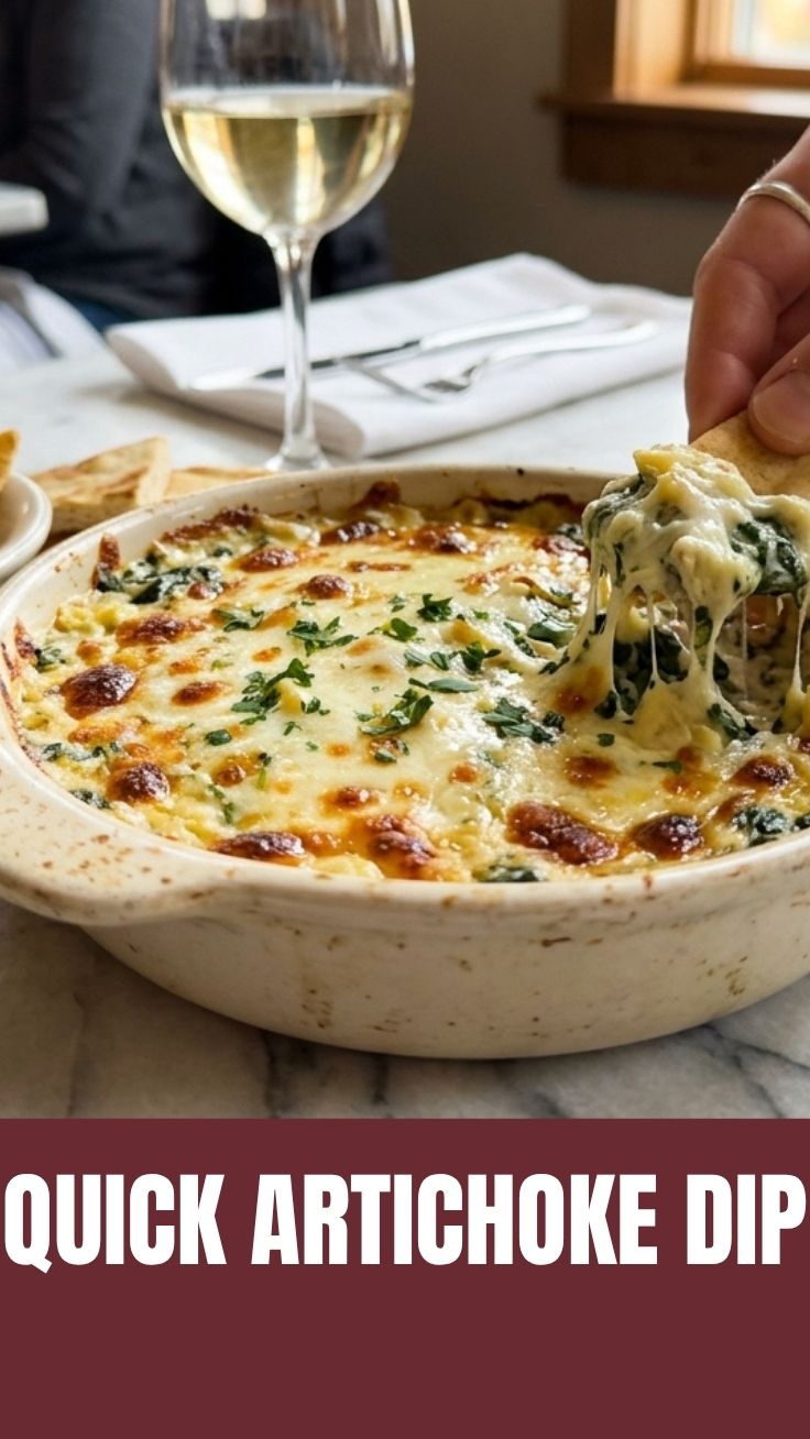 A hot and creamy spinach artichoke dip in a baking dish, ready to serve