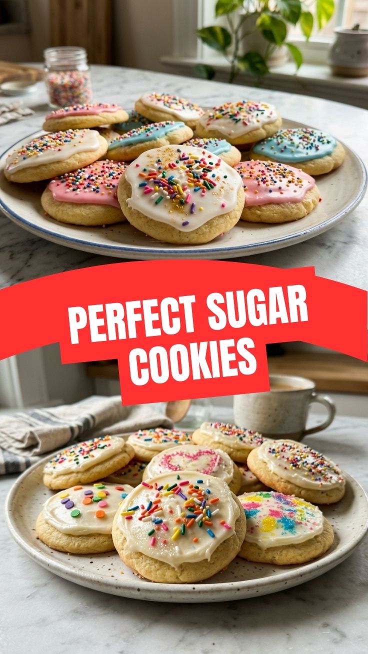 A plate of freshly baked sugar cookies with a dusting of sugar.
