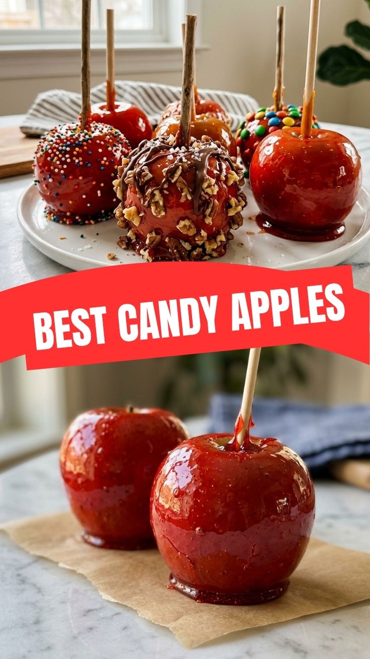 A bright red candy apple on a stick, glistening with a hard shell.