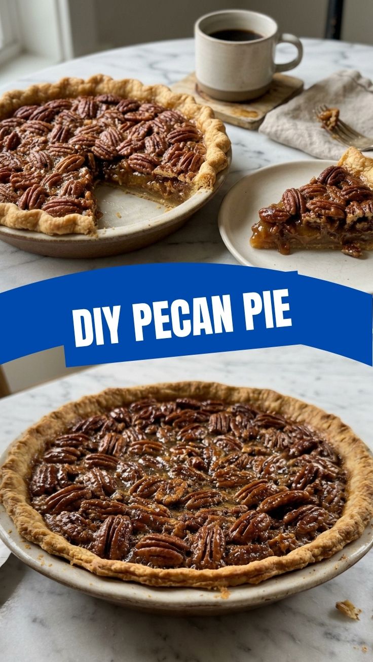 A delectable pecan pie with a golden-brown crust and glistening pecan topping.