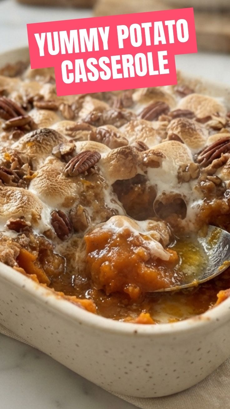 A bubbling sweet potato casserole, golden brown and topped with marshmallows.
