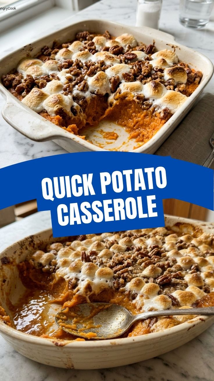 A bubbling sweet potato casserole topped with toasted marshmallows, ready to serve.
