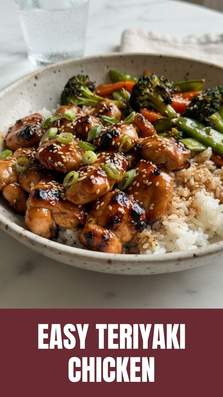A plate of glistening teriyaki chicken, garnished with sesame seeds.
