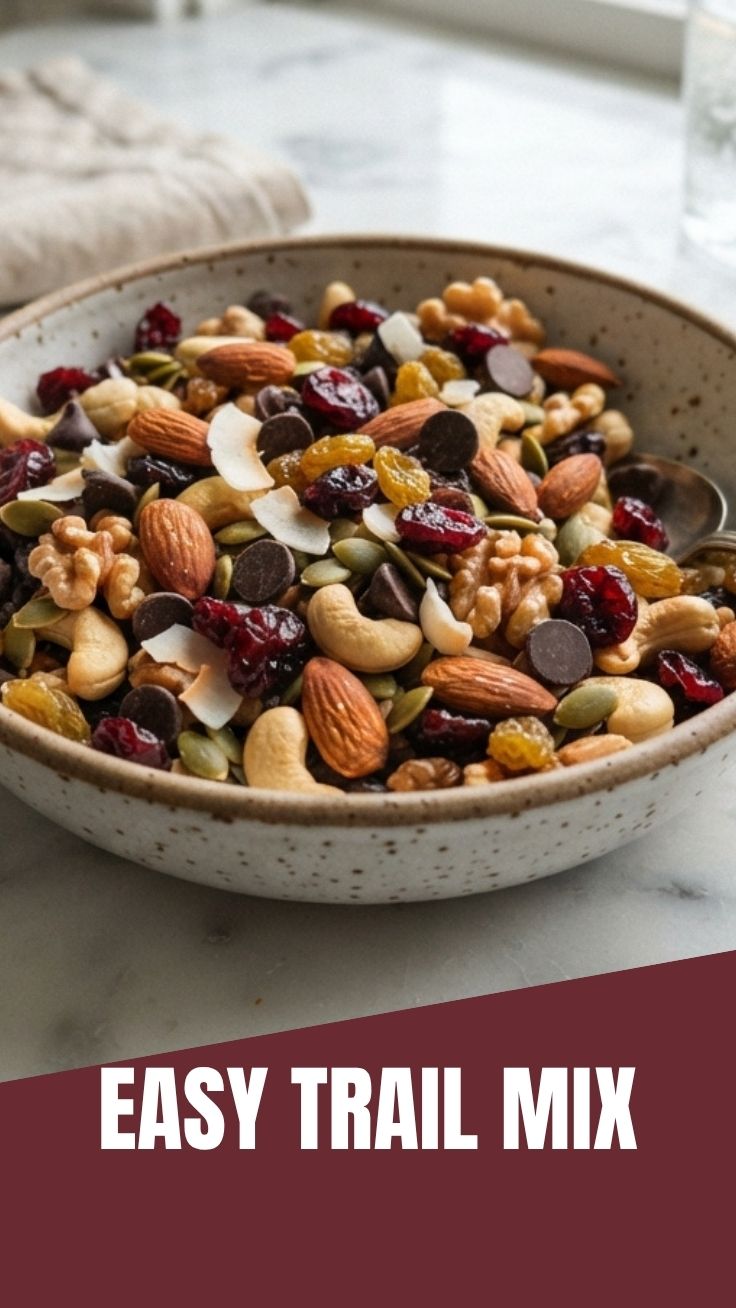 A colorful assortment of nuts, seeds, and dried fruits, forming trail mix in a bowl.