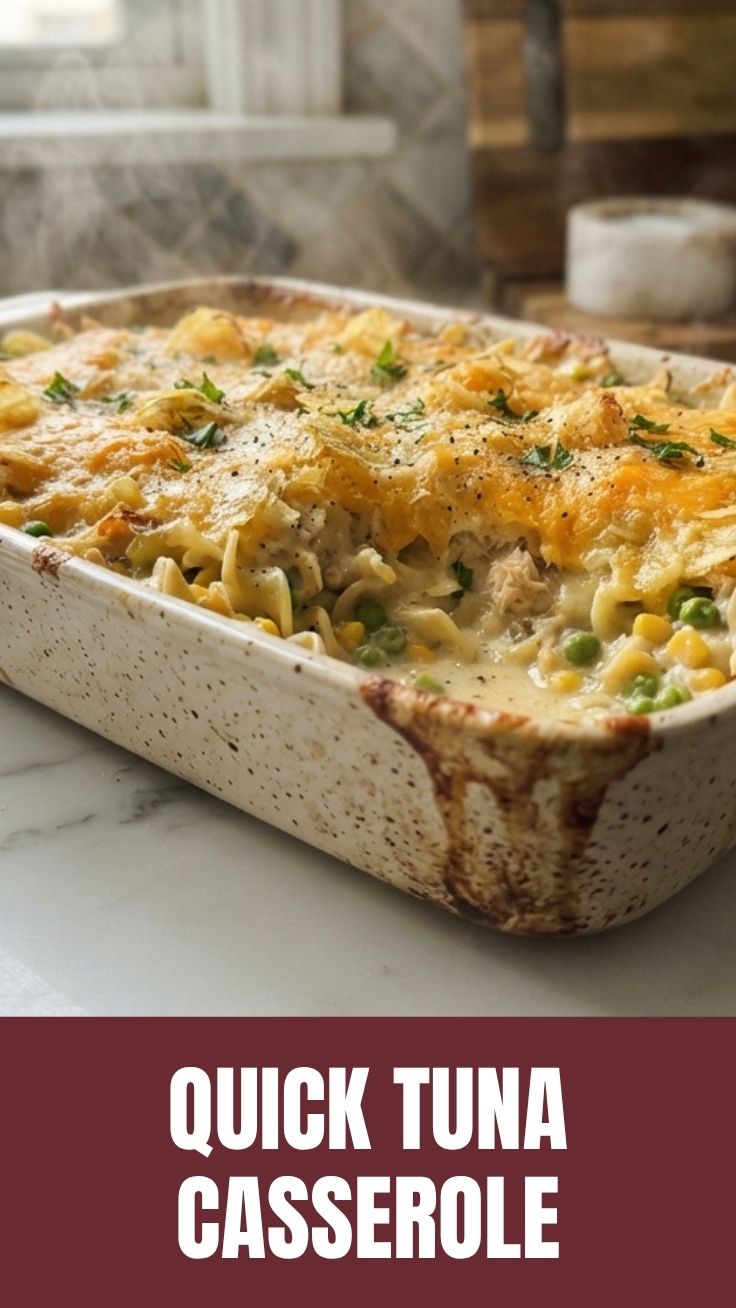 A hot tuna casserole dish, freshly baked with a golden-brown topping