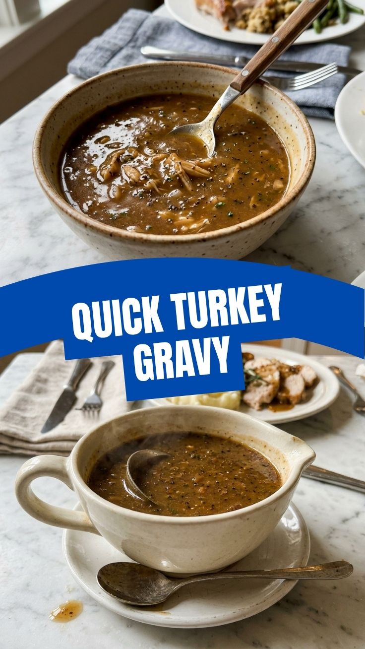A close-up of a rich, dark brown turkey gravy in a white porcelain gravy boat.