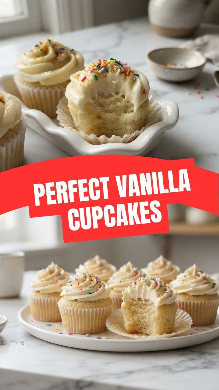 A trio of frosted vanilla cupcakes arranged elegantly on a white platter.
