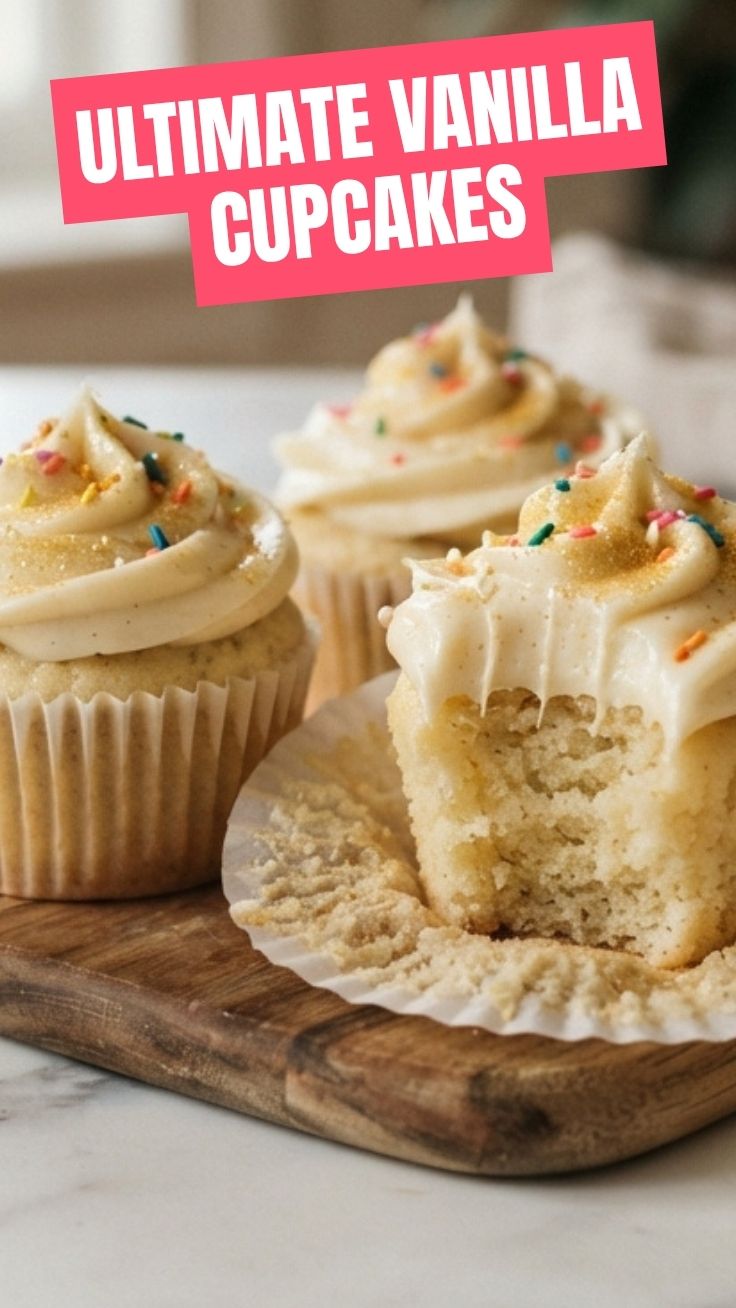 A trio of frosted vanilla cupcakes arranged elegantly on a white platter.