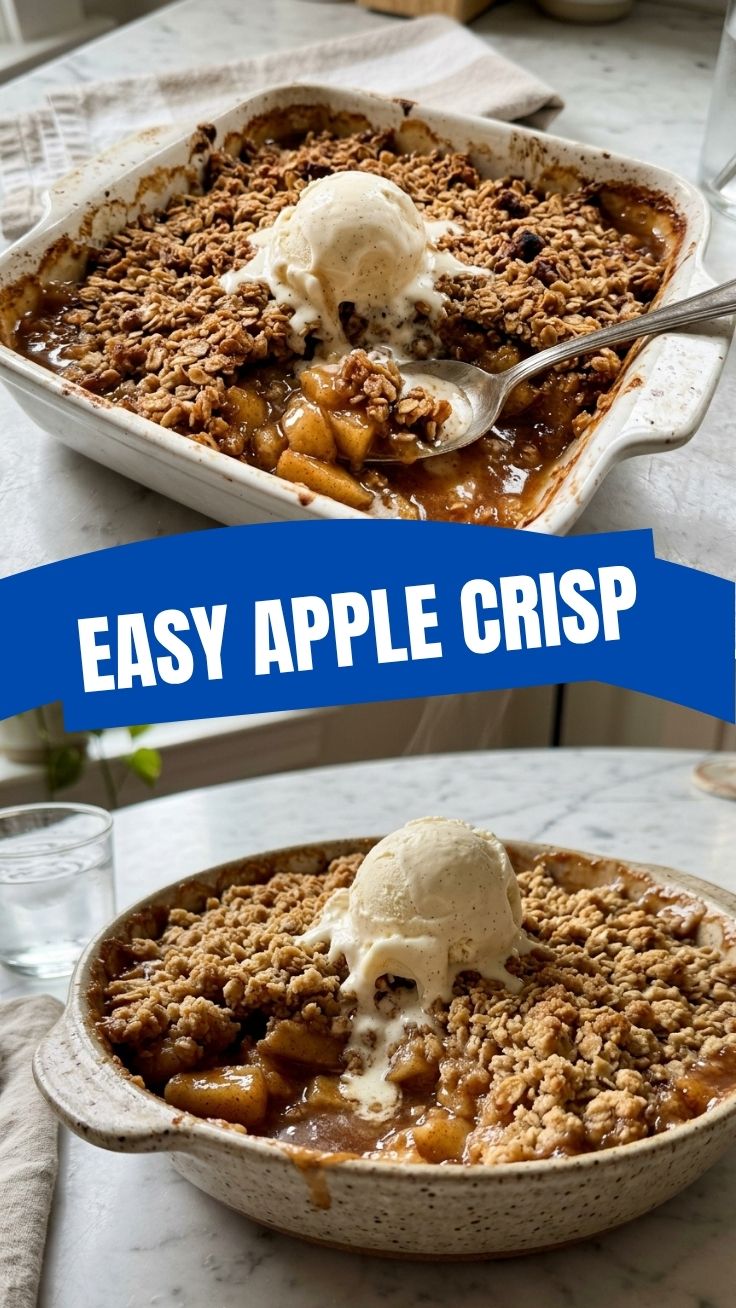 A warm apple crisp with golden-brown topping in a baking dish