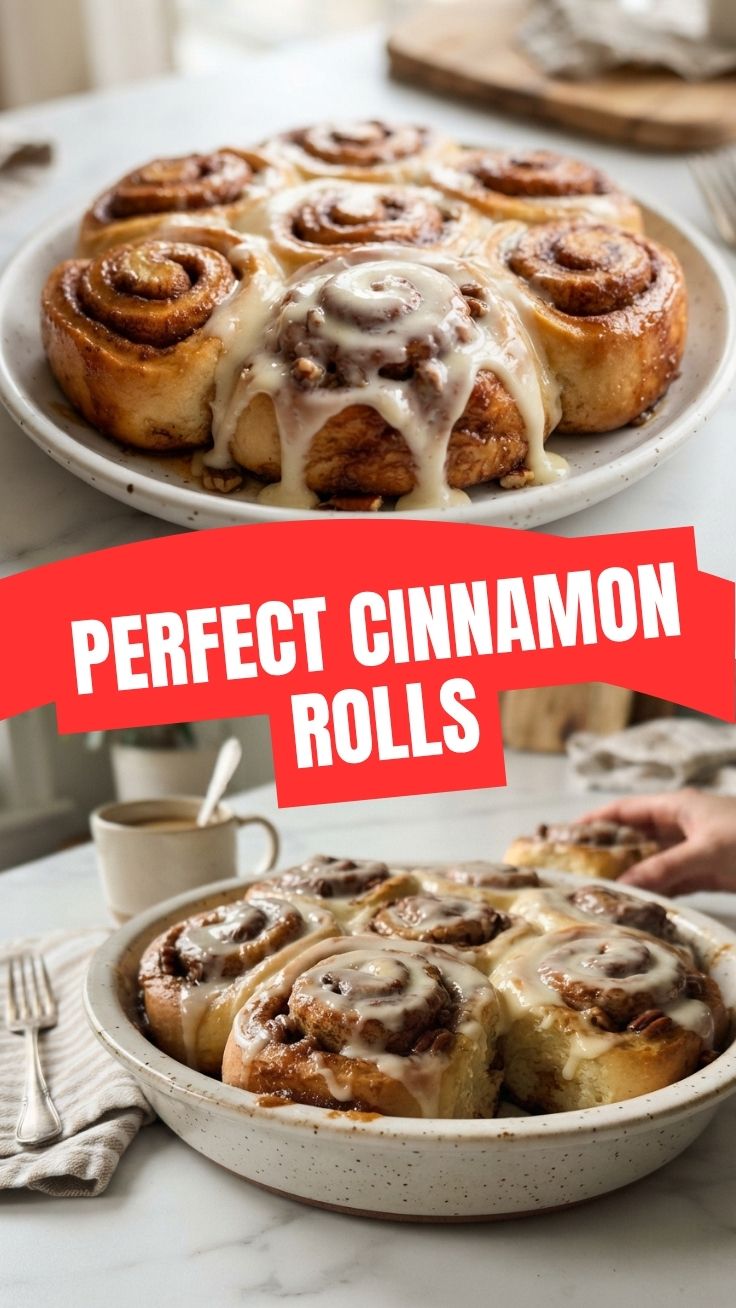 Freshly baked cinnamon rolls with white icing on a baking sheet