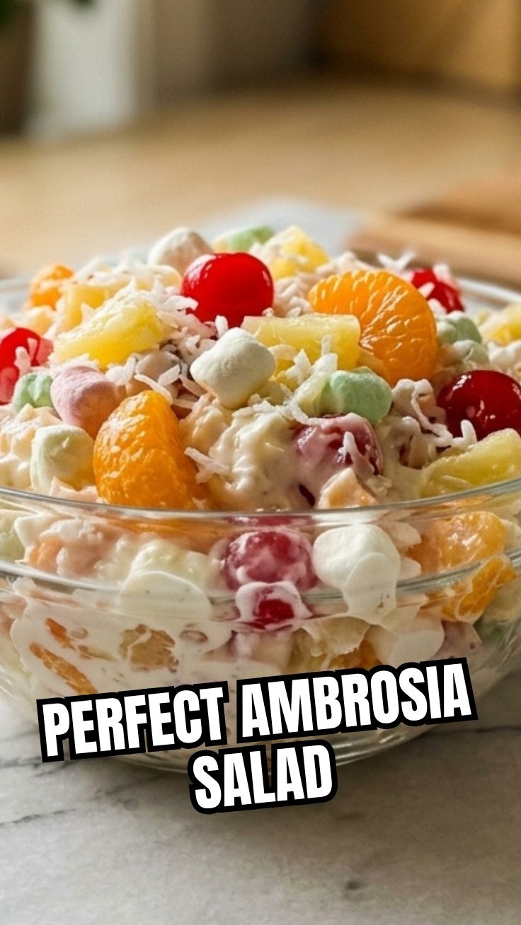 A vibrant Ambrosia salad featuring fruits and marshmallows in a bowl