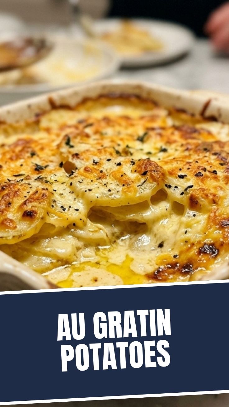A dish of creamy au gratin potatoes with a golden-brown top, bubbling hot.