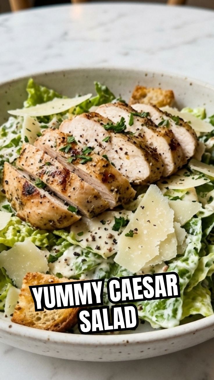 A crisp chicken Caesar salad with grilled chicken breast and croutons.