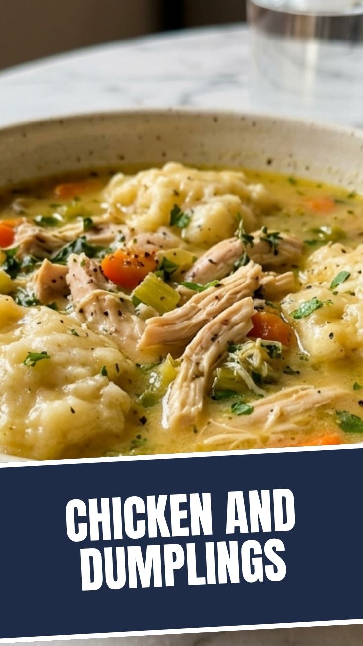 A steaming bowl of chicken and dumplings with vegetables