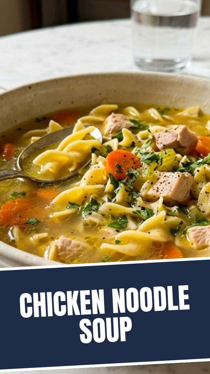 A steaming bowl of chicken noodle soup with fresh herbs.
