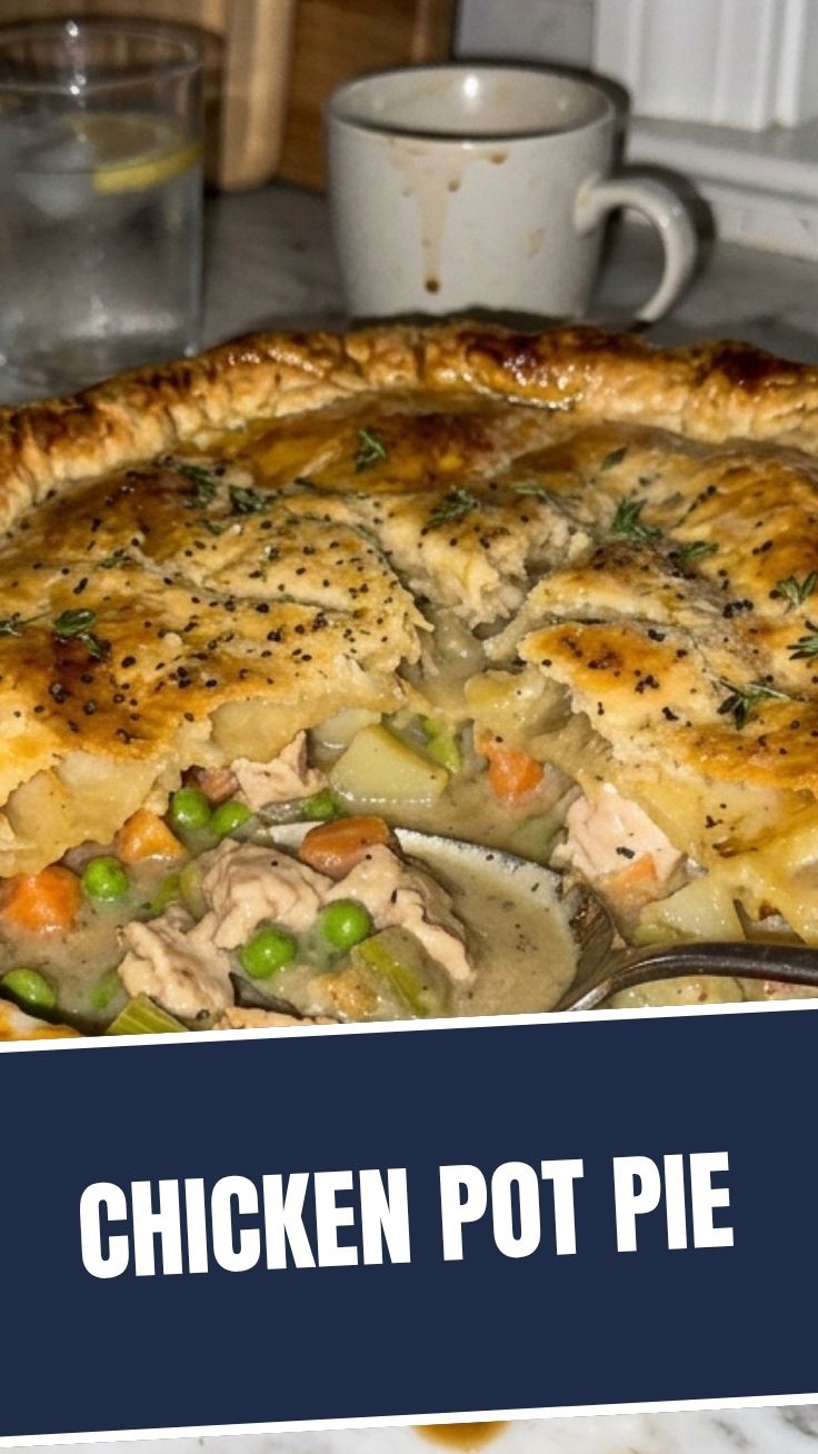 A golden-crusted chicken pot pie fresh from the oven, with steam rising.