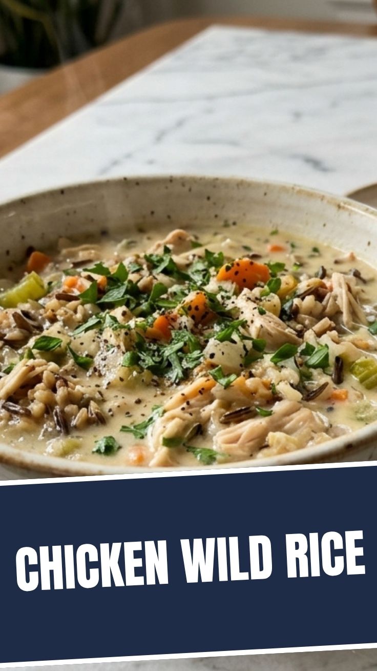 A steaming bowl of chicken wild rice soup garnished with fresh herbs.