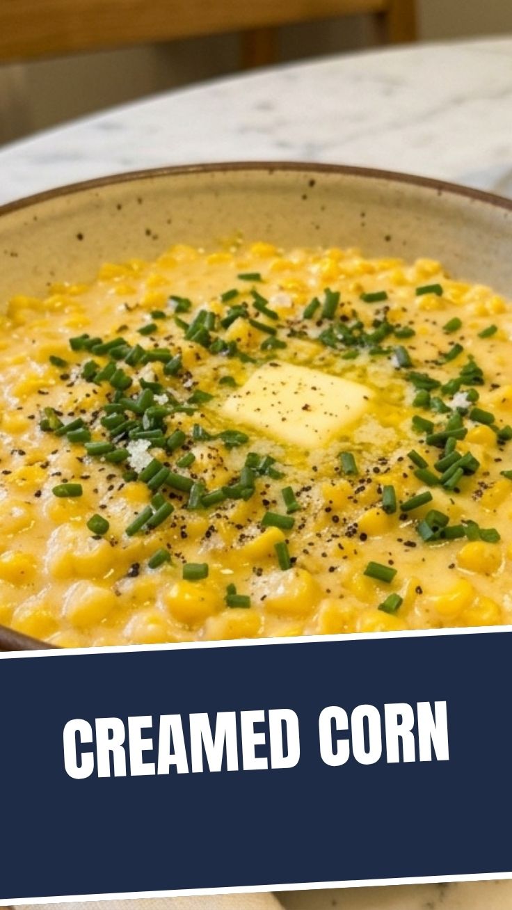 A bowl of creamy, sweet creamed corn with kernels visible.