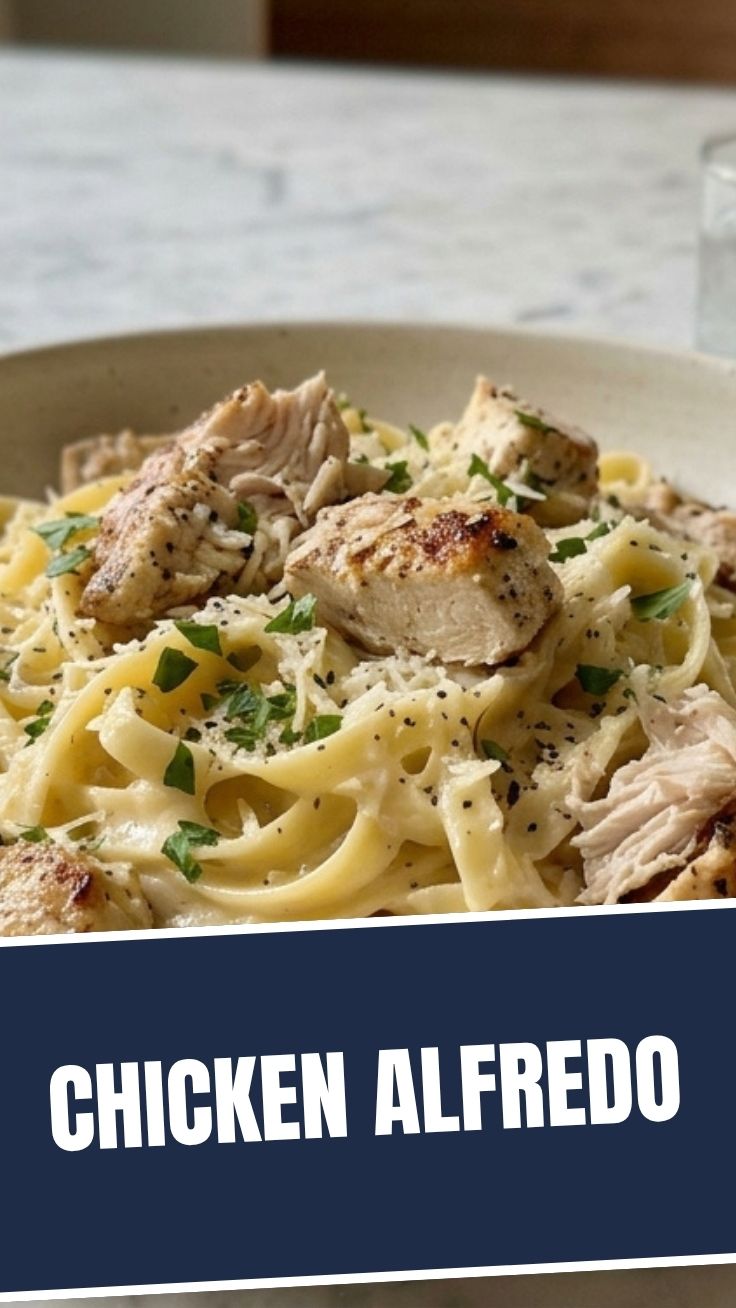 A serving of creamy chicken alfredo pasta with grilled chicken pieces and parsley.