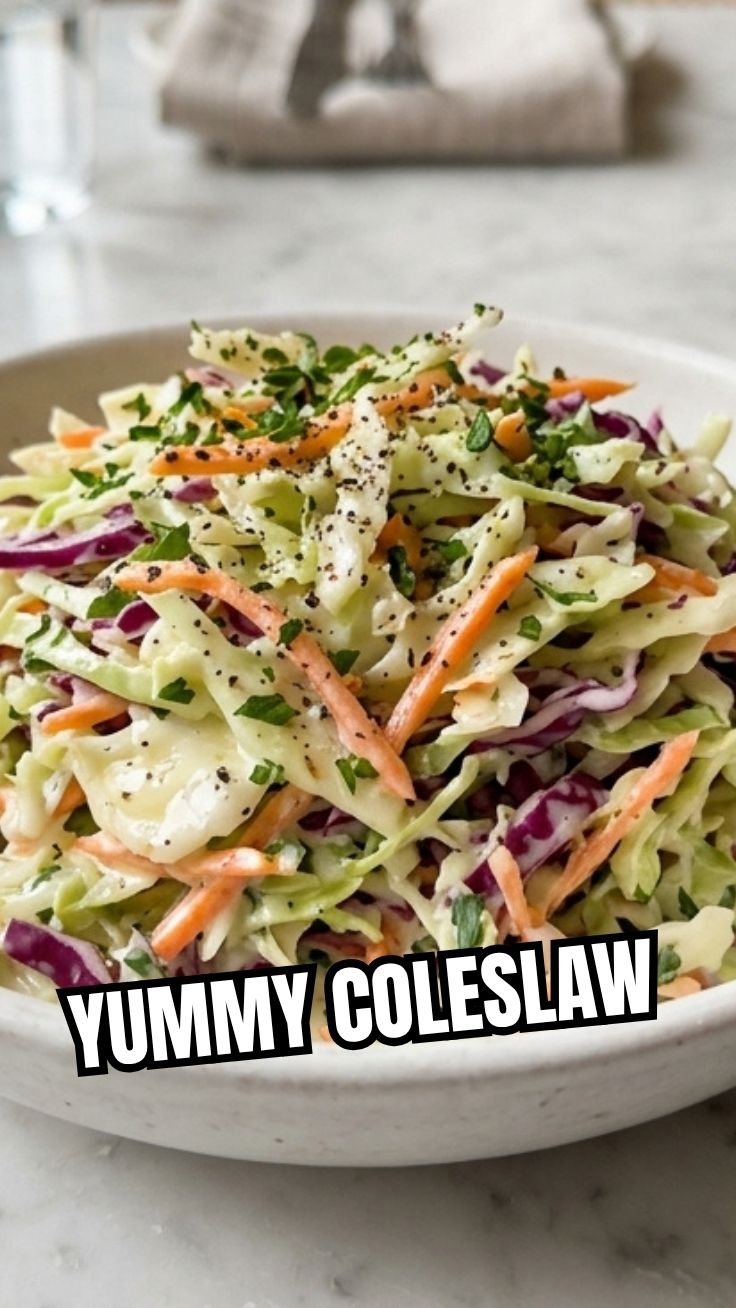 A bowl of creamy coleslaw with shredded cabbage and carrots