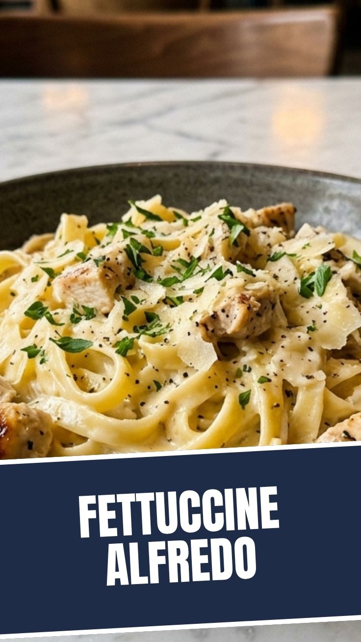 A serving of creamy fettuccine alfredo garnished with parsley