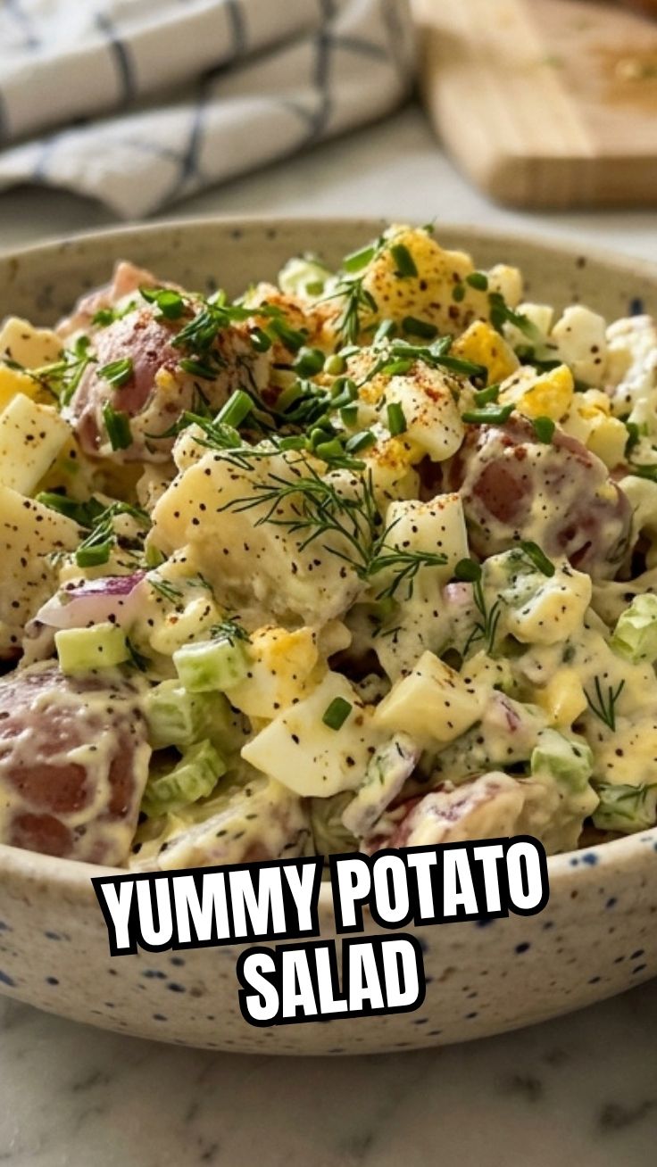 A bowl of creamy potato salad garnished with fresh herbs