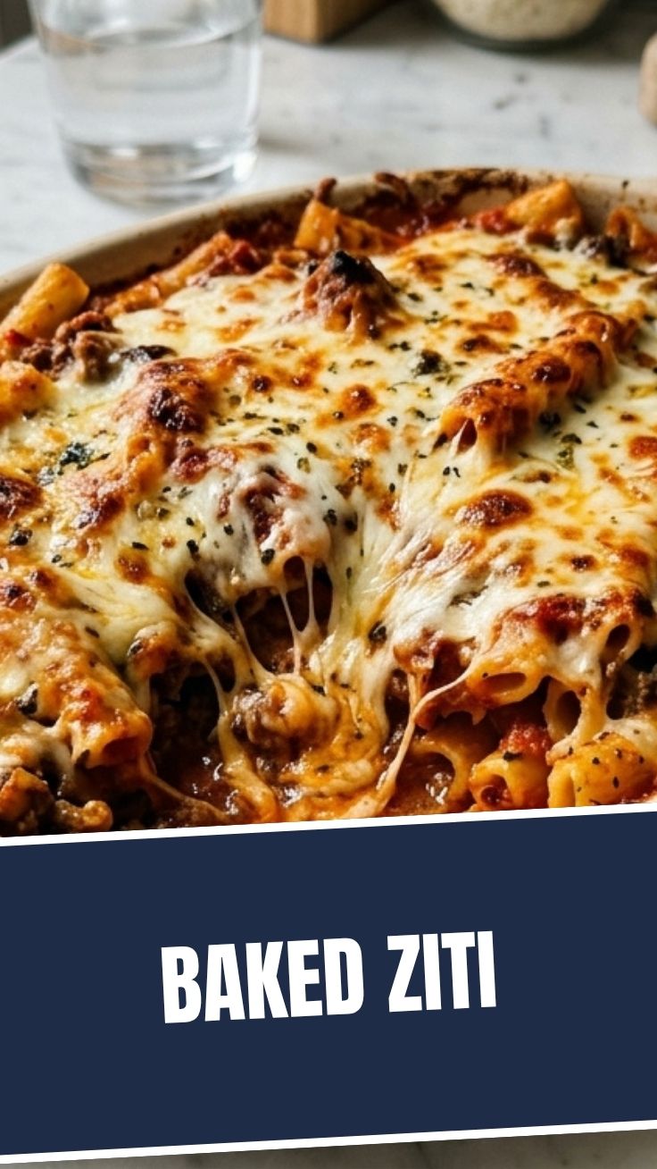 A steaming dish of baked ziti with melted cheese and rich tomato sauce.