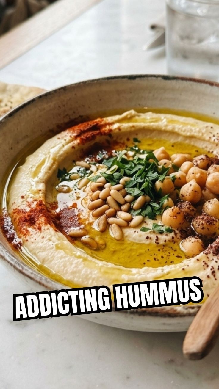 A serving of delicious hummus in a rustic bowl.