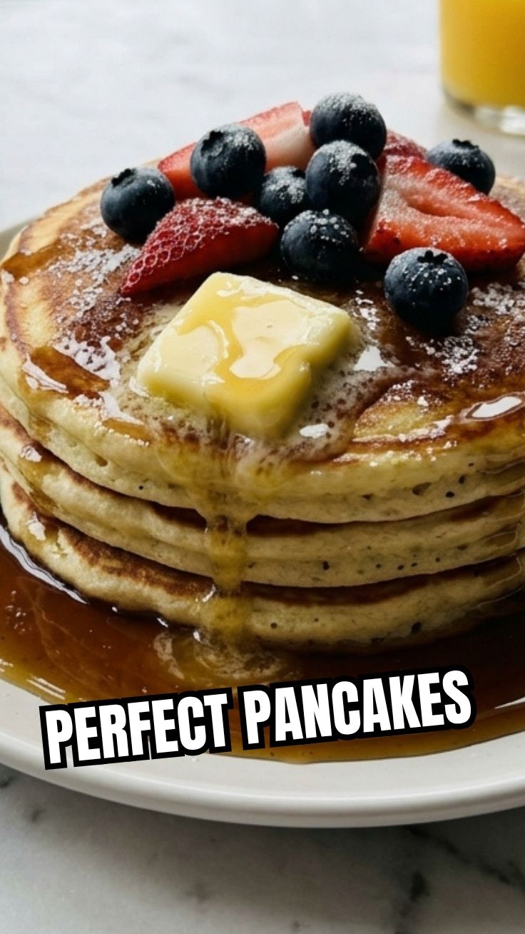 A tall stack of fluffy pancakes drizzled with syrup and butter.