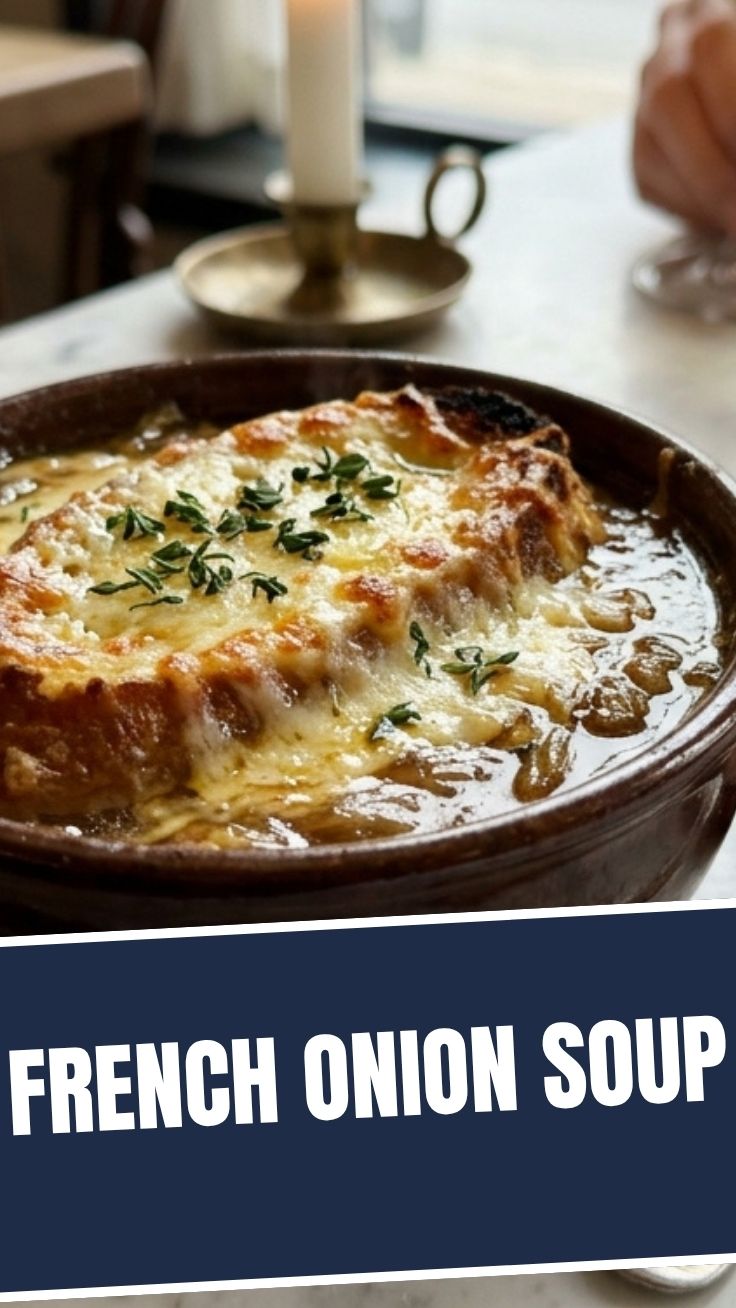 A bowl of delicious French Onion Soup topped with melted cheese and croutons.