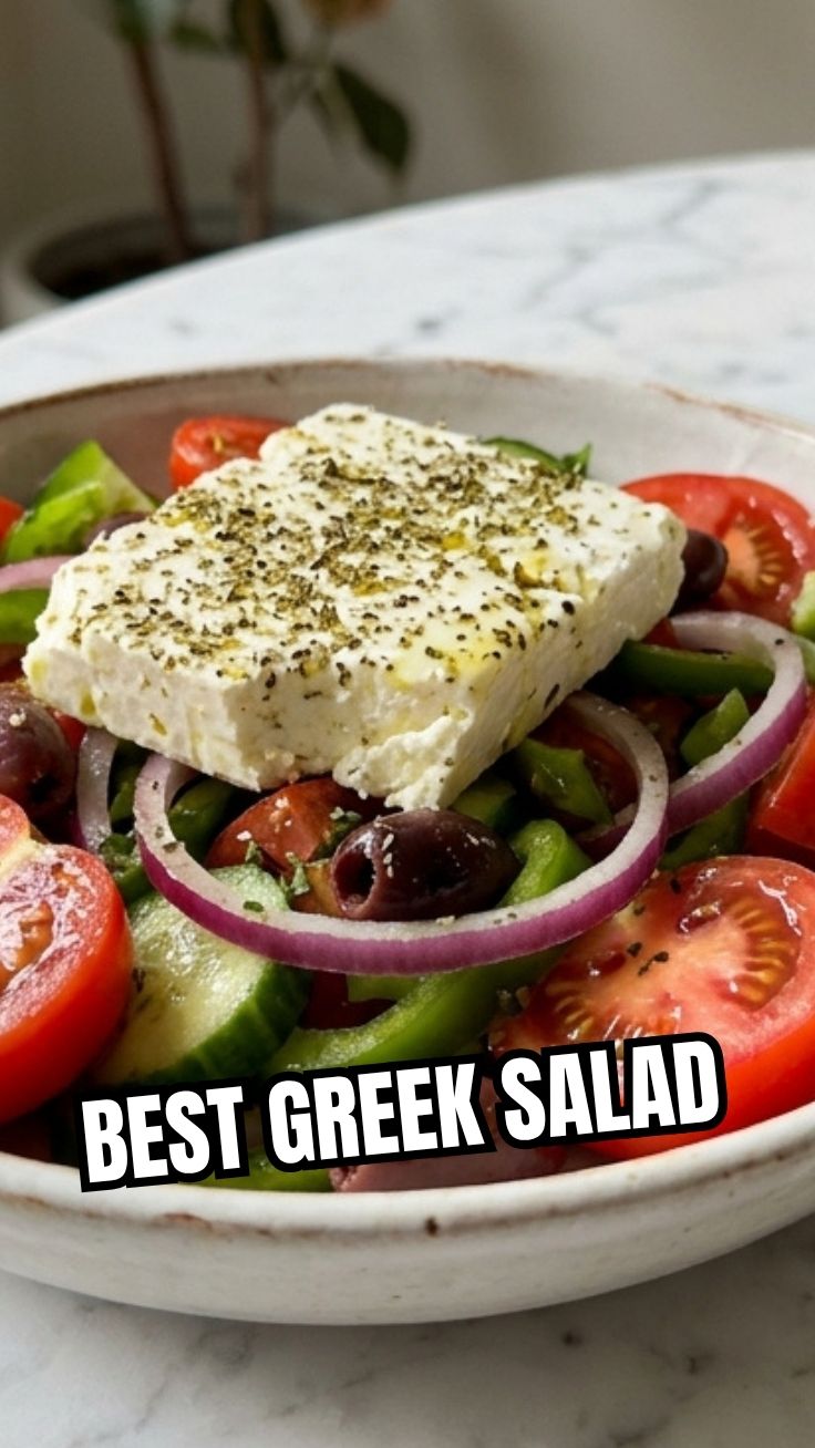 A fresh Greek salad with feta, olives, and fresh vegetables.