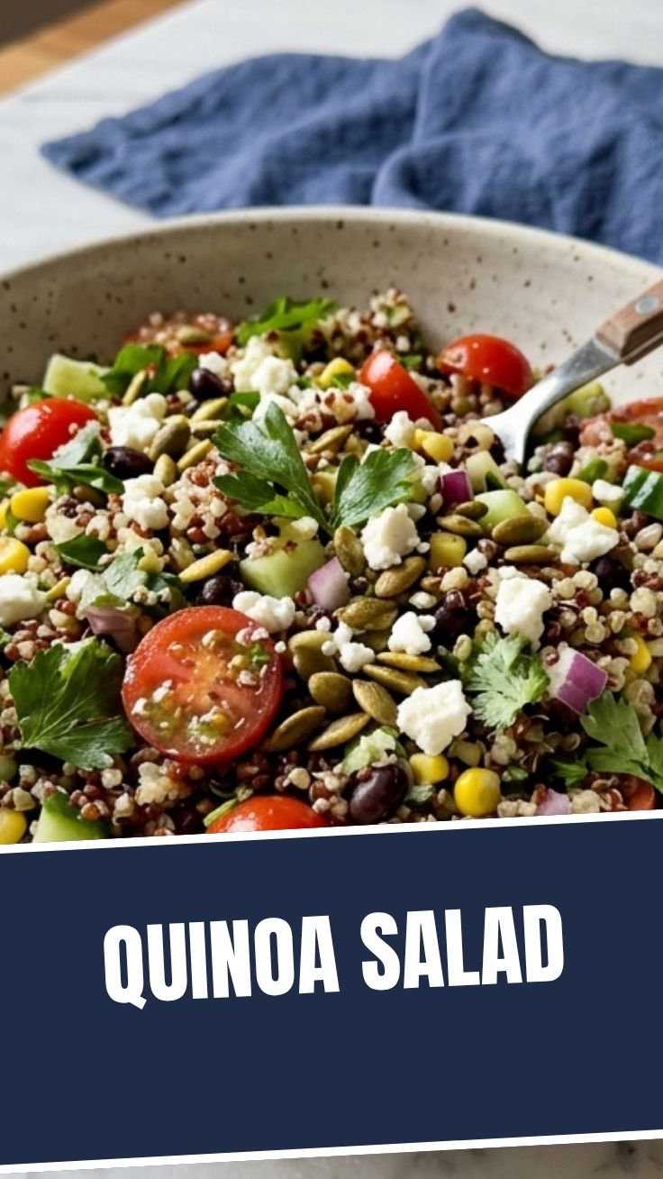 A fresh quinoa salad with colorful vegetables in a bowl.