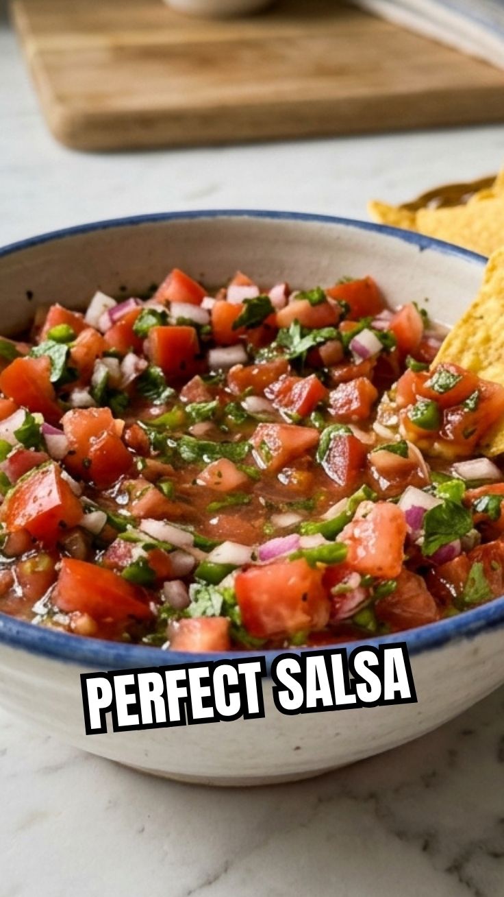 Three bowls of fresh salsa, one red, one green, and one corn salsa, on a wooden board.