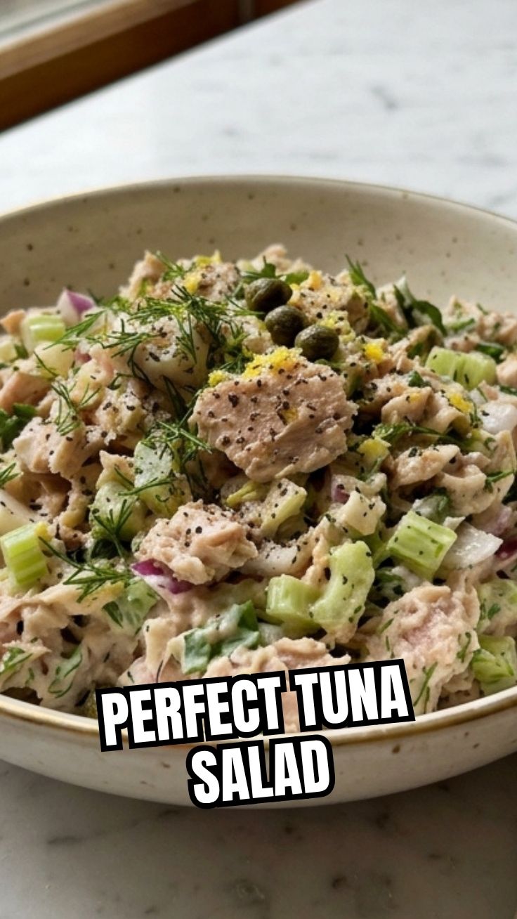 A bowl of fresh tuna salad with celery and mayonnaise.