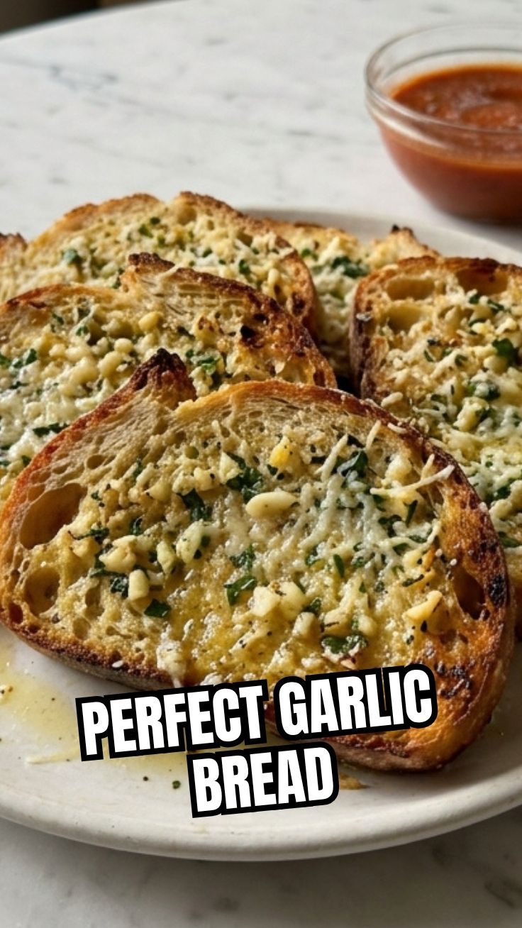 Freshly baked garlic bread, golden brown and garnished with parsley