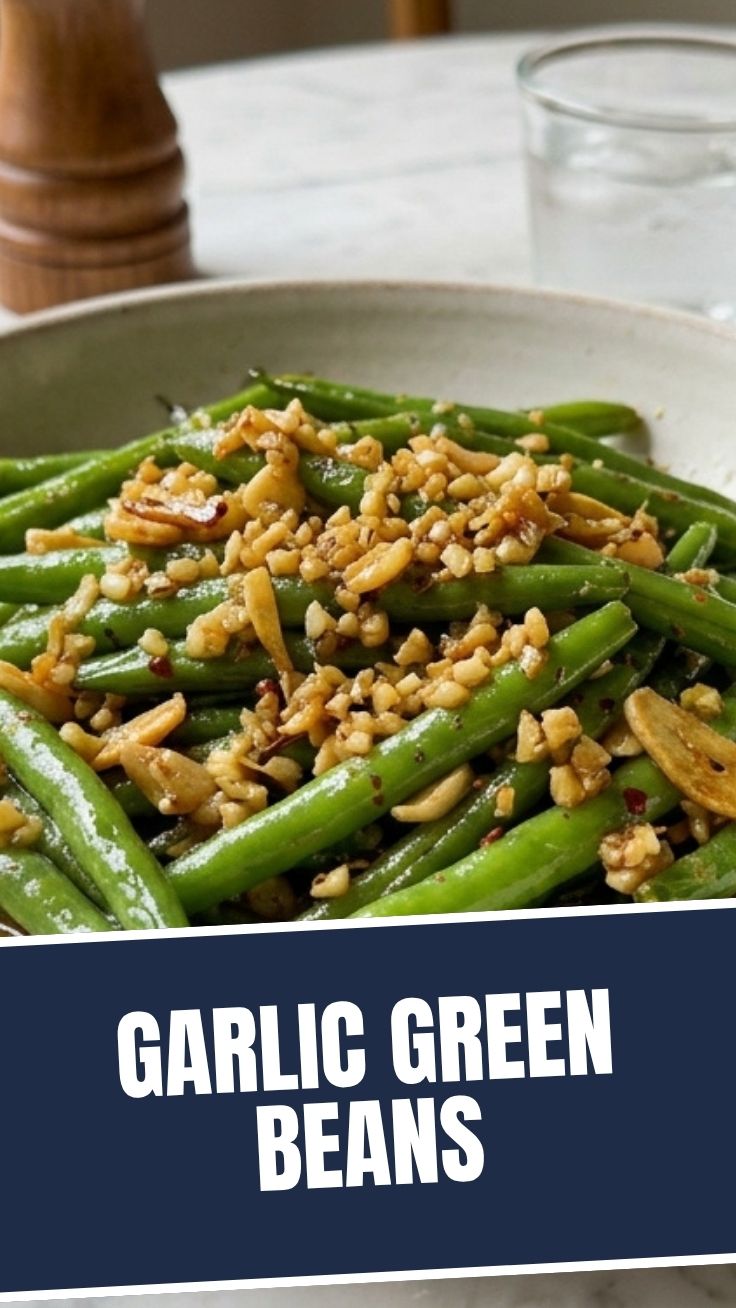 Vibrant green beans tossed with minced garlic and herbs in a serving dish.