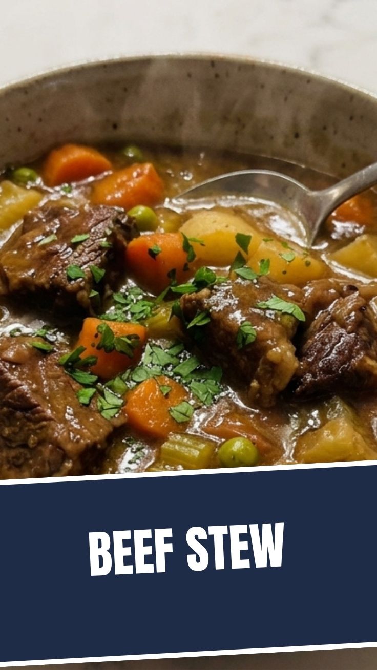 A steaming bowl of hearty beef stew with vegetables