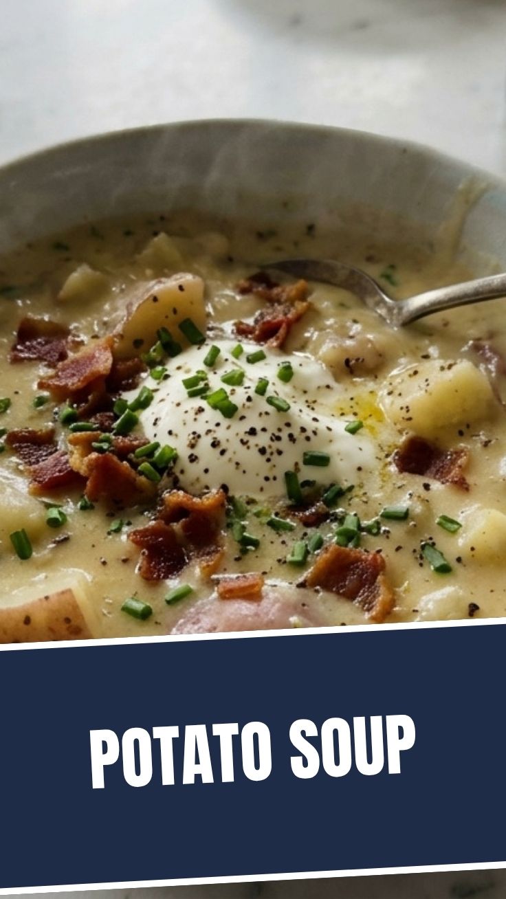 A steaming bowl of hearty potato soup, garnished with chives.