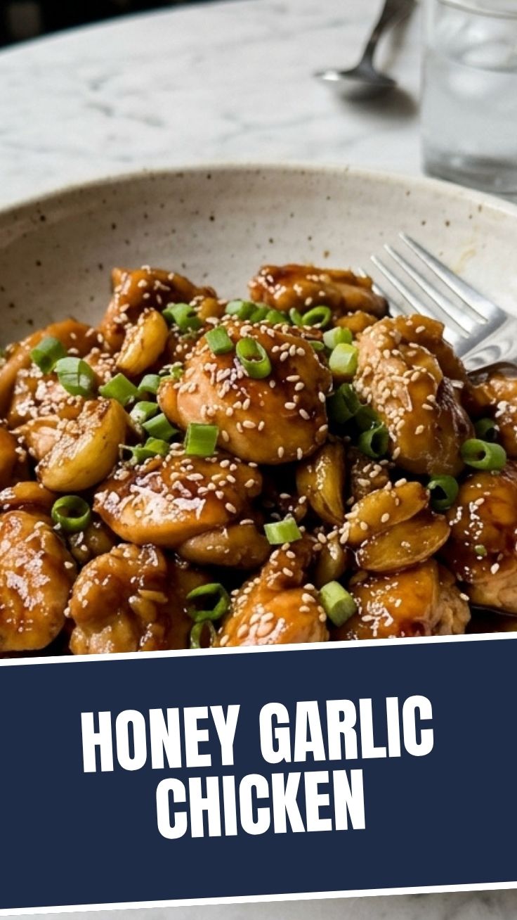 A serving of glazed honey garlic chicken on a plate, garnished with fresh herbs.