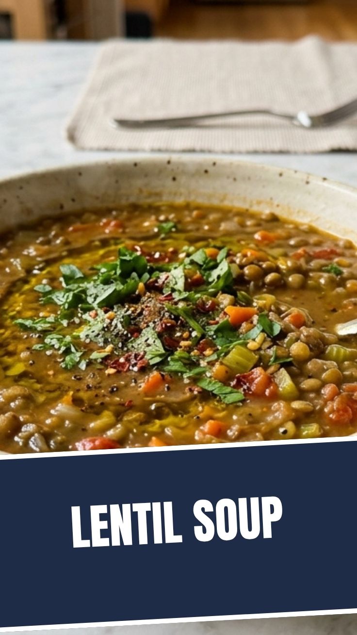 A bowl of warm, rich lentil soup garnished with herbs.