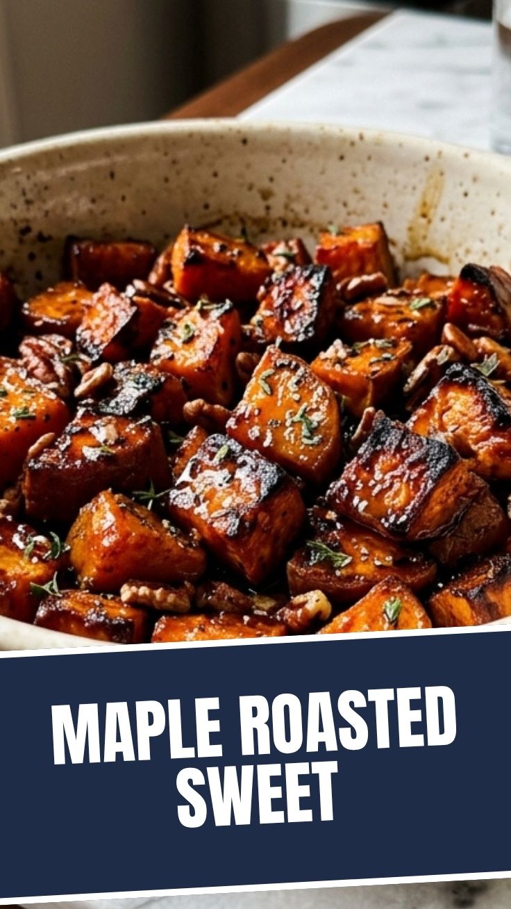 Close-up of golden maple roasted sweet potatoes on a baking sheet
