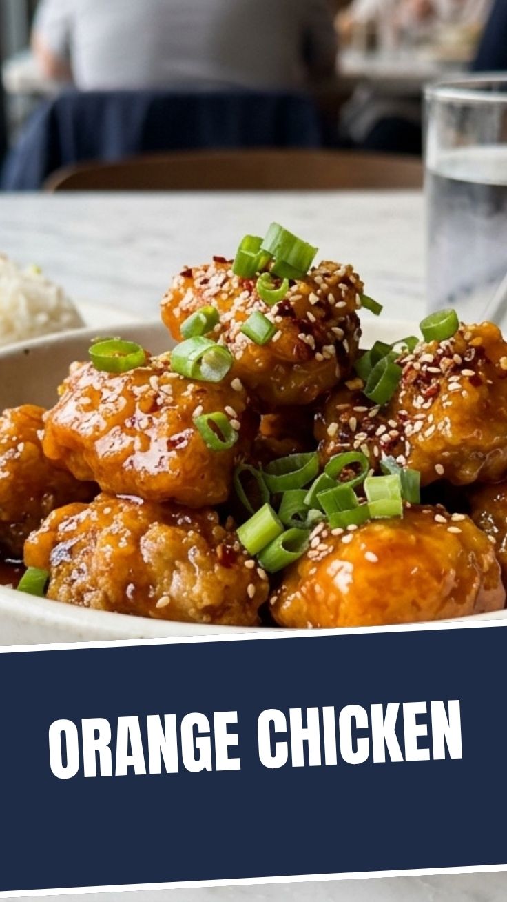 A close-up of crispy orange chicken pieces glazed with a tangy sauce, garnished with sesame seeds and green onions.