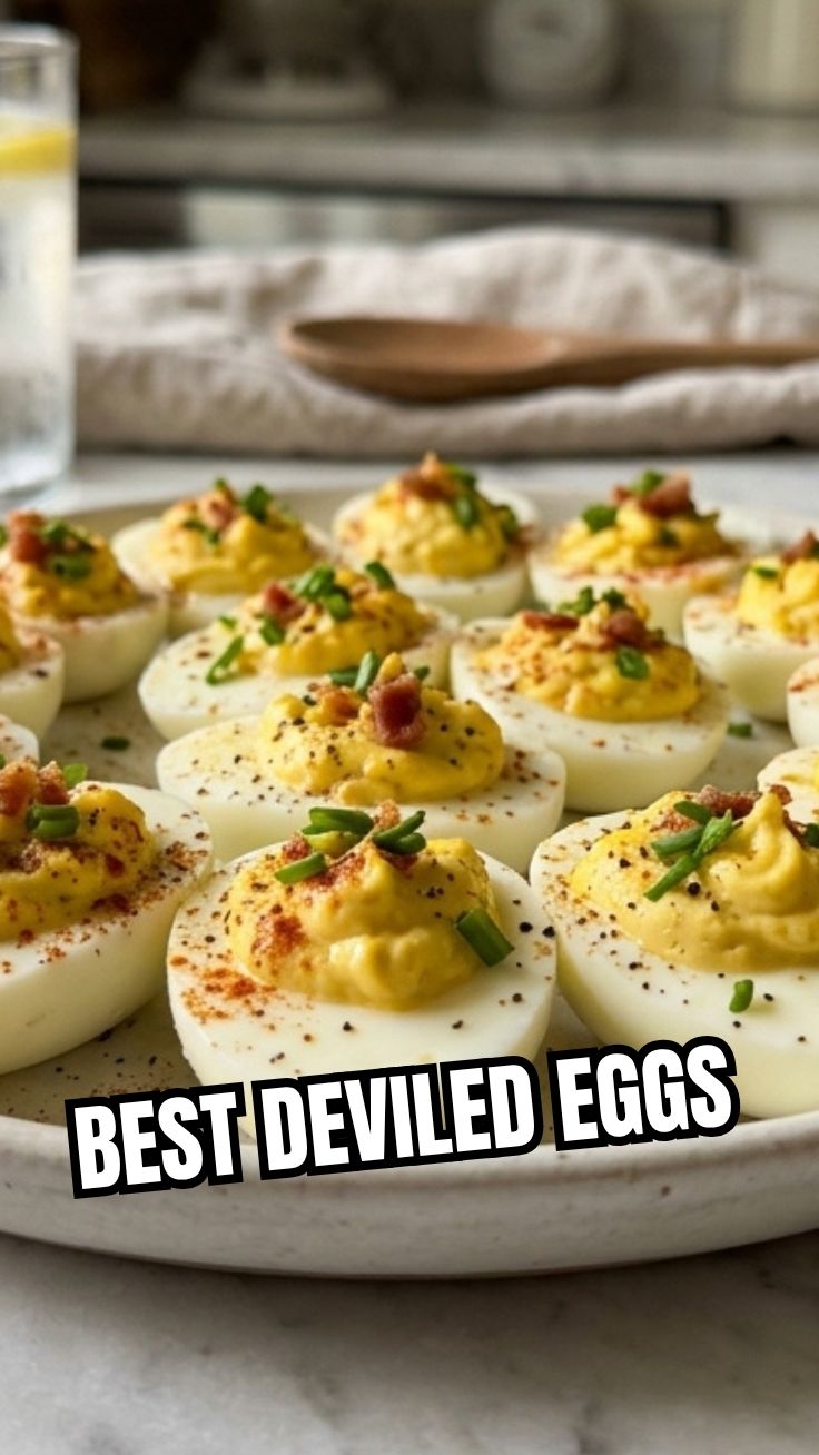 A platter of neatly arranged deviled eggs garnished with paprika.