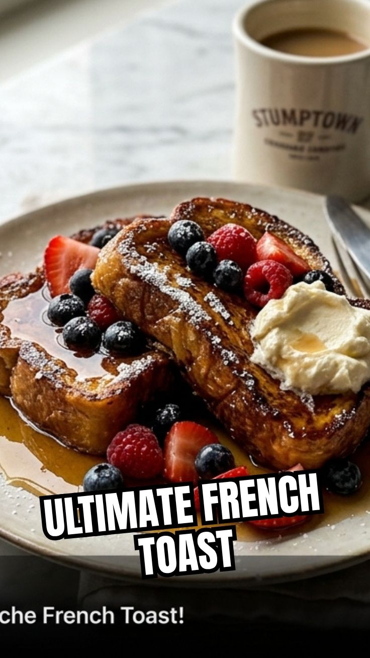 Plates of golden brown French toast drizzled with syrup and berries.
