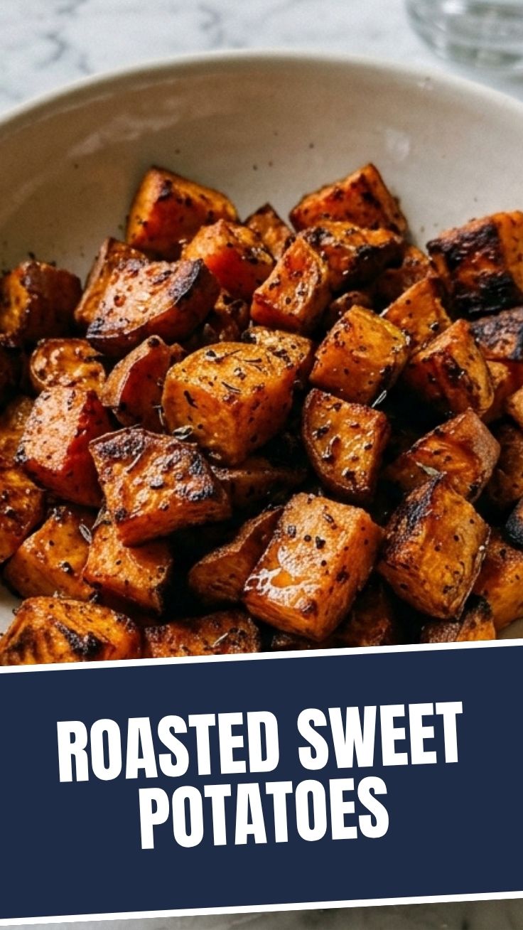 A close-up of beautifully roasted sweet potatoes, golden-brown and caramelized.
