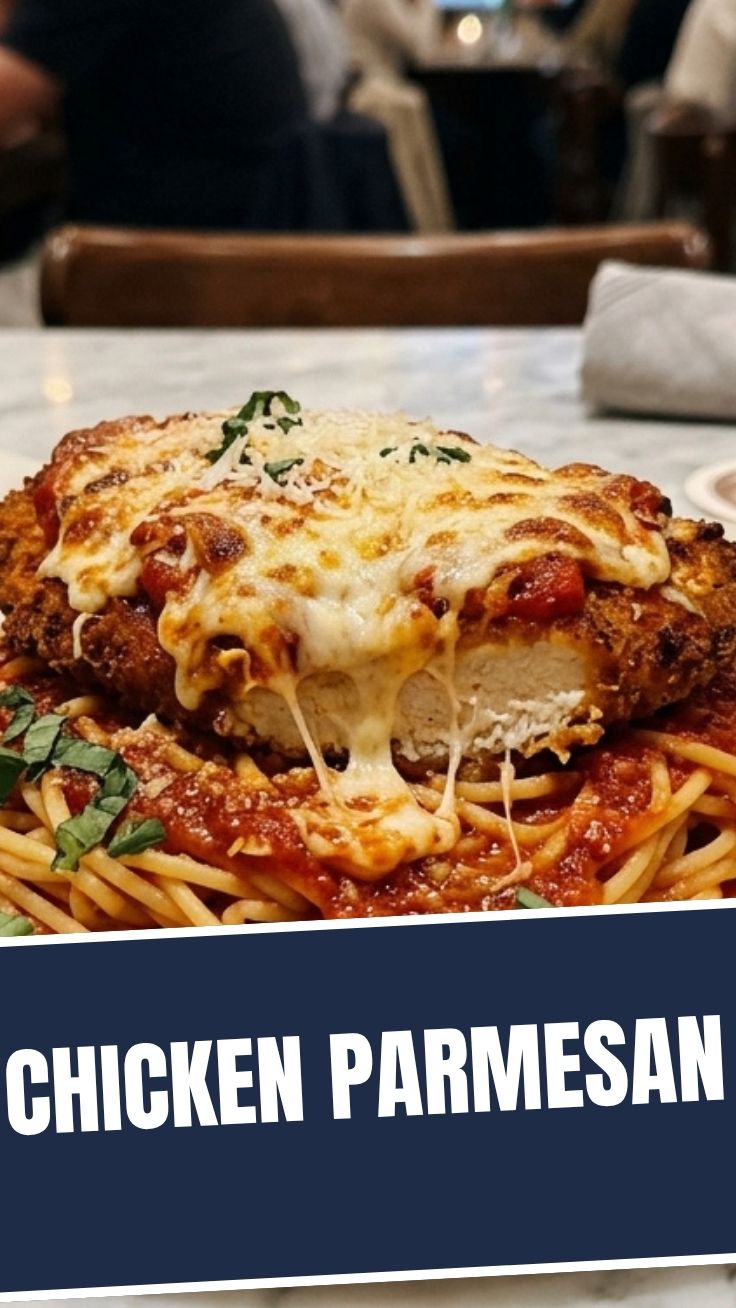 A serving of chicken parmesan topped with melted cheese and marinara sauce.