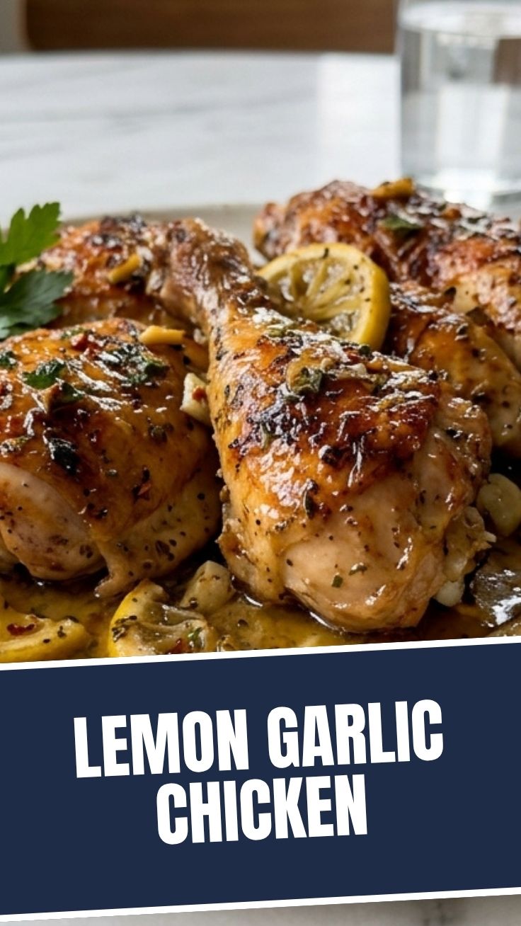 A serving of flavorful lemon garlic chicken with herbs on a white plate.